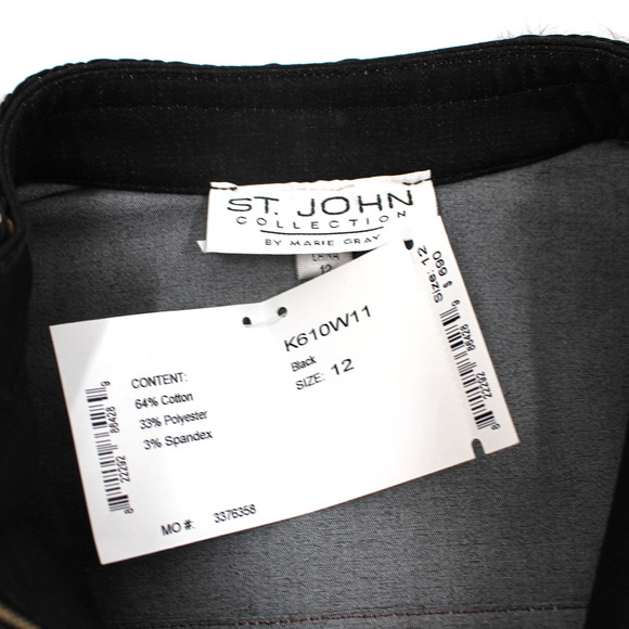 St. John Fur Trim Jacket Pant Set NEW Black Denim Woven Raffia 2 Pc Set Size 12 - Picture 9 of 10